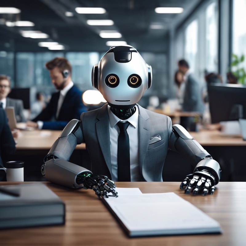 Ein Roboter in Anzug und Kravatte am Schreibtisch im Büro